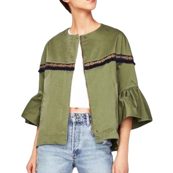 Zara Jackets & Blazers - ZARA green cotton twill bell sleeve tribal southwest fringe trim zip jacket